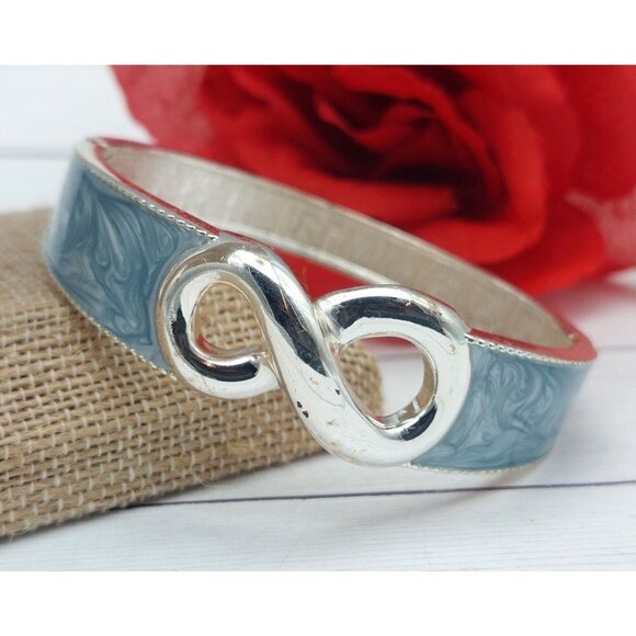 Roberto by RFM Infinity Silver Tone Hinged Bangle Bracelet Blue Swirl Enamel - Picture 5 of 10